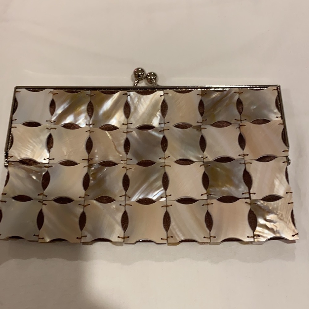 MOTHER OF PEARL CLUTCH BAG BROWN CREAM AND SILVER